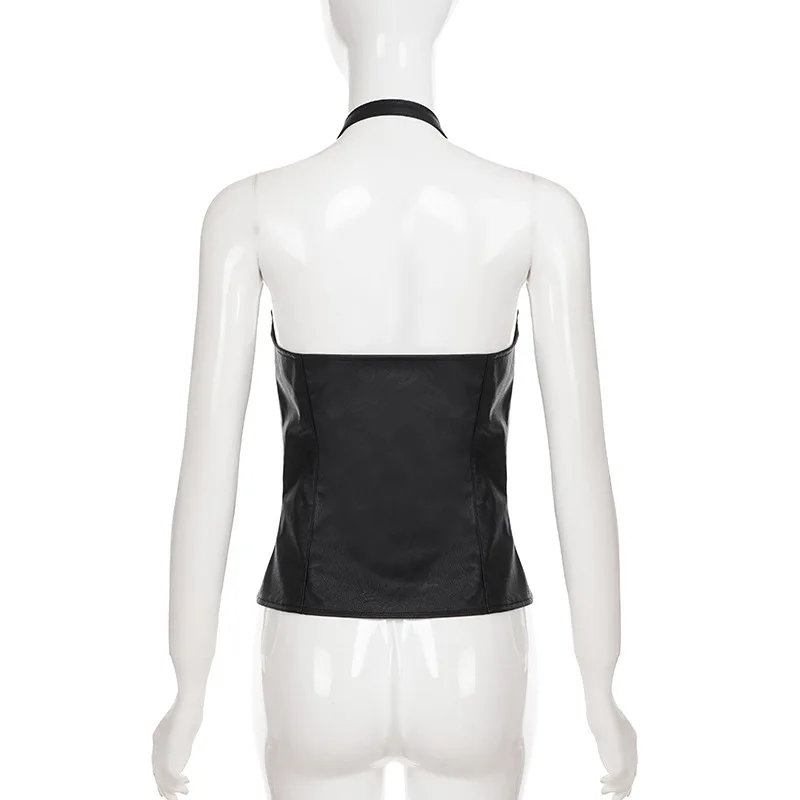 Haut court sexy en cuir pu pour femmes, col licou, écharpe, sans bretelles, fermeture éclair, taille, y2k