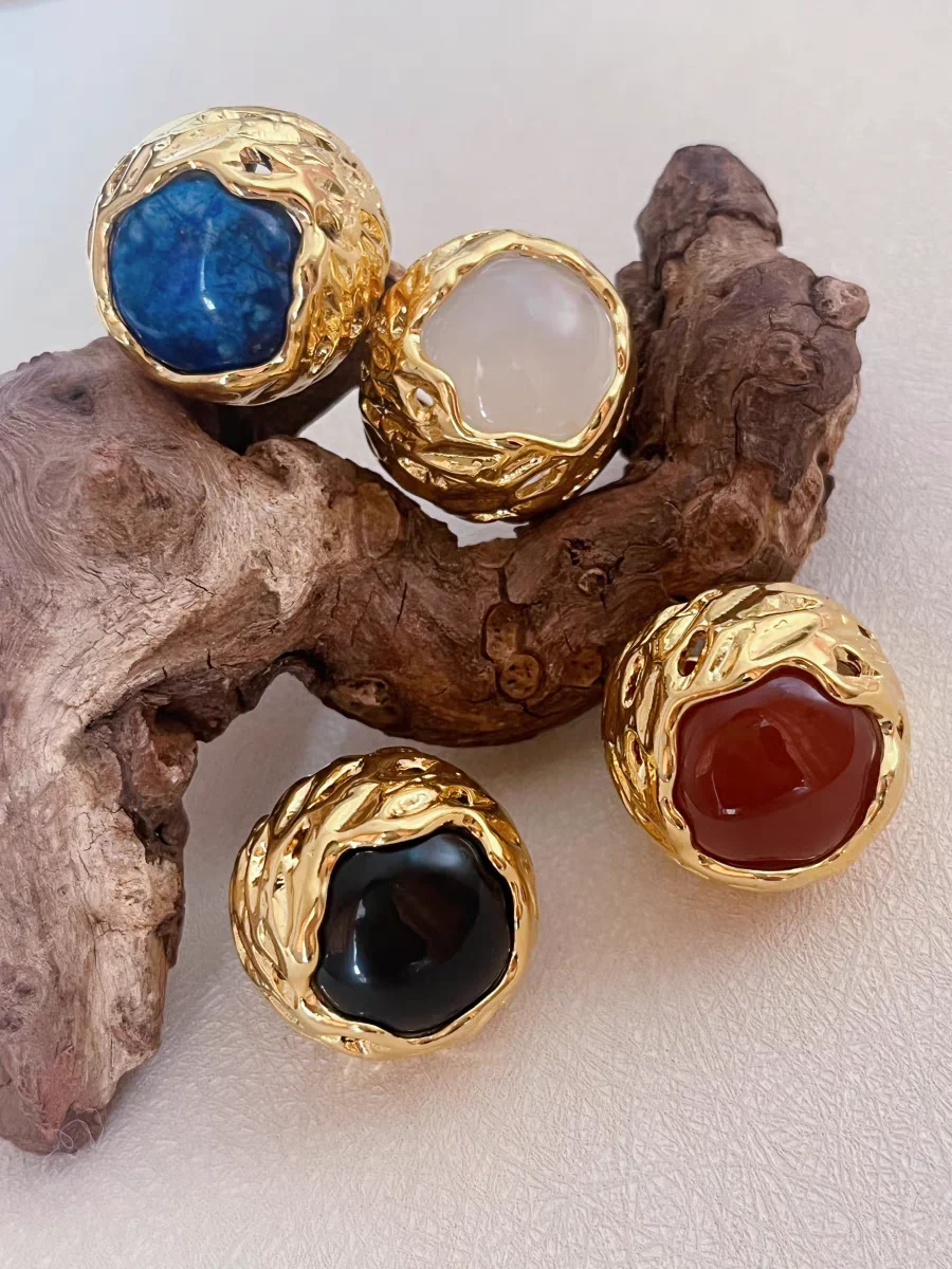 

Brass Solid Natural Stone Colorful Ring Women Jewelry Punk Party Designer Club Cocktail Party Gown Trendy Top Japan