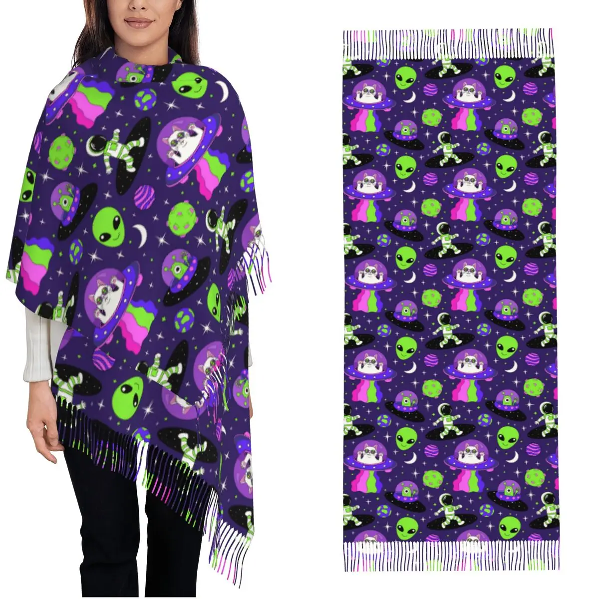 Space Astronauts Alien Cats Shawl Wraps Women Warm Long Soft Scarf Psychedelic Trippy Cat Pashminas Shawl Scarves