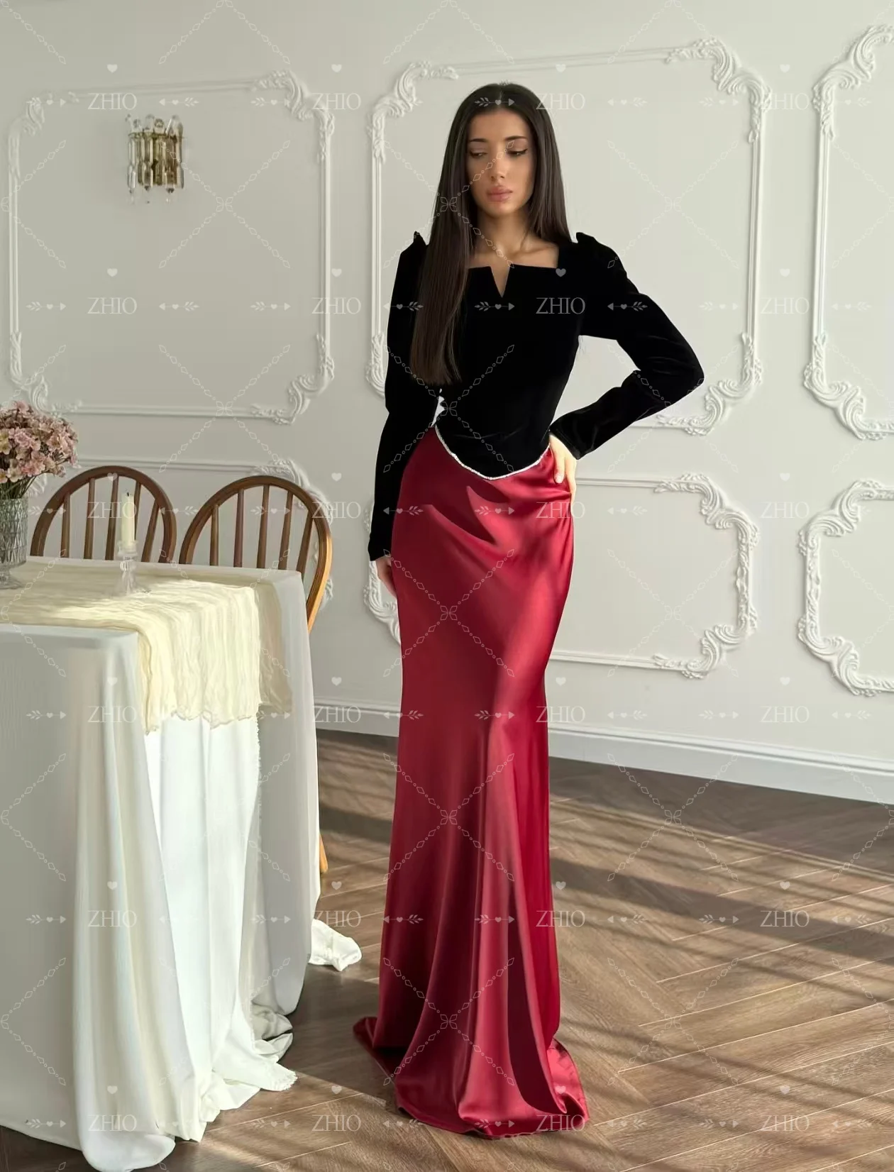 ZHIO vestido de noche de satén rojo oscuro con contraste de terciopelo negro, 2 uds., manga larga, sirena, ocasión Formal, fiesta, graduación, personalizado, elegante