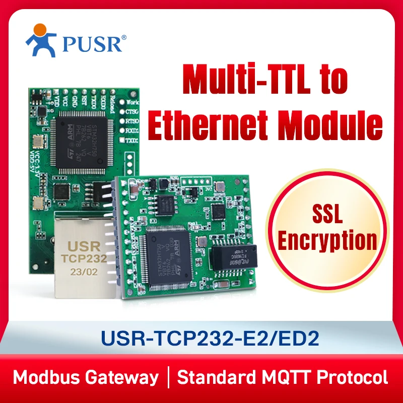 （Price for 2 piece）Industrial TTL to Ethernet Module MQTT/SSL Modbus Bidirectional Transparent Transmission USR-TCP232-E2/ED2