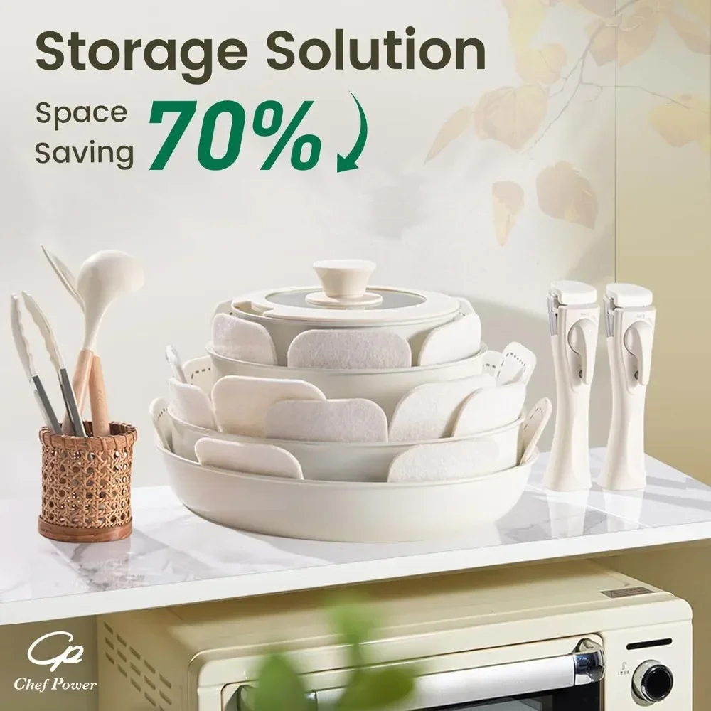 Set di pentole in ceramica non tossico con manici staccabili, padelle e pentole antiaderenti salutari, set da 19 pezzi, senza POA e PTFE, bianco crema