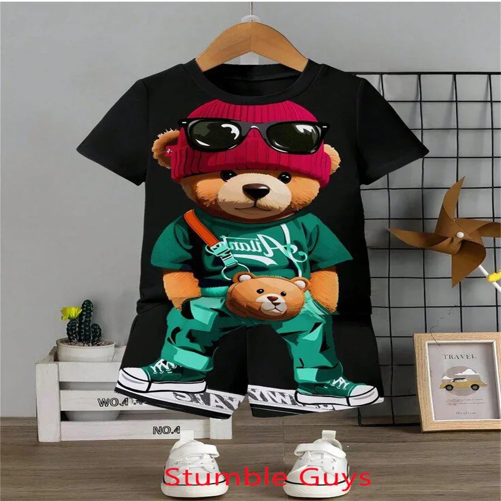 Fashion Brand Bear Tshirt Set Kids Summer Anime Clothes Tracksuit Boys Girls Tops One Piece Cartoon Sonic 2pcs Short Sleeve