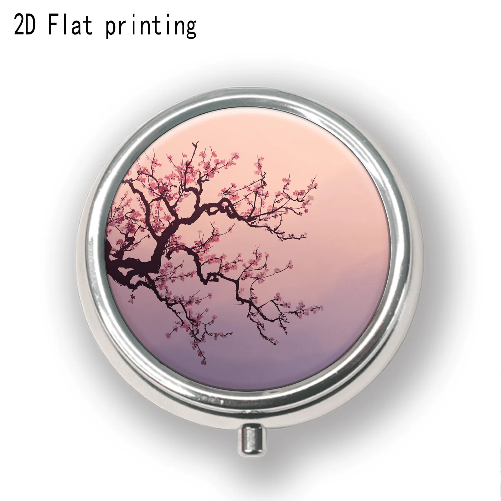 Watercolor Pattern of Pink Plum Branches, Round Three-Compartment Small Medicine Box, Portable Medicine Storage, Small Jewelry Storage, Suitable for Handbags or Travel, Holiday Gifts, Souvenirs, Prizes, Small Gifts, for Personal Use or as Exquisite Gifts