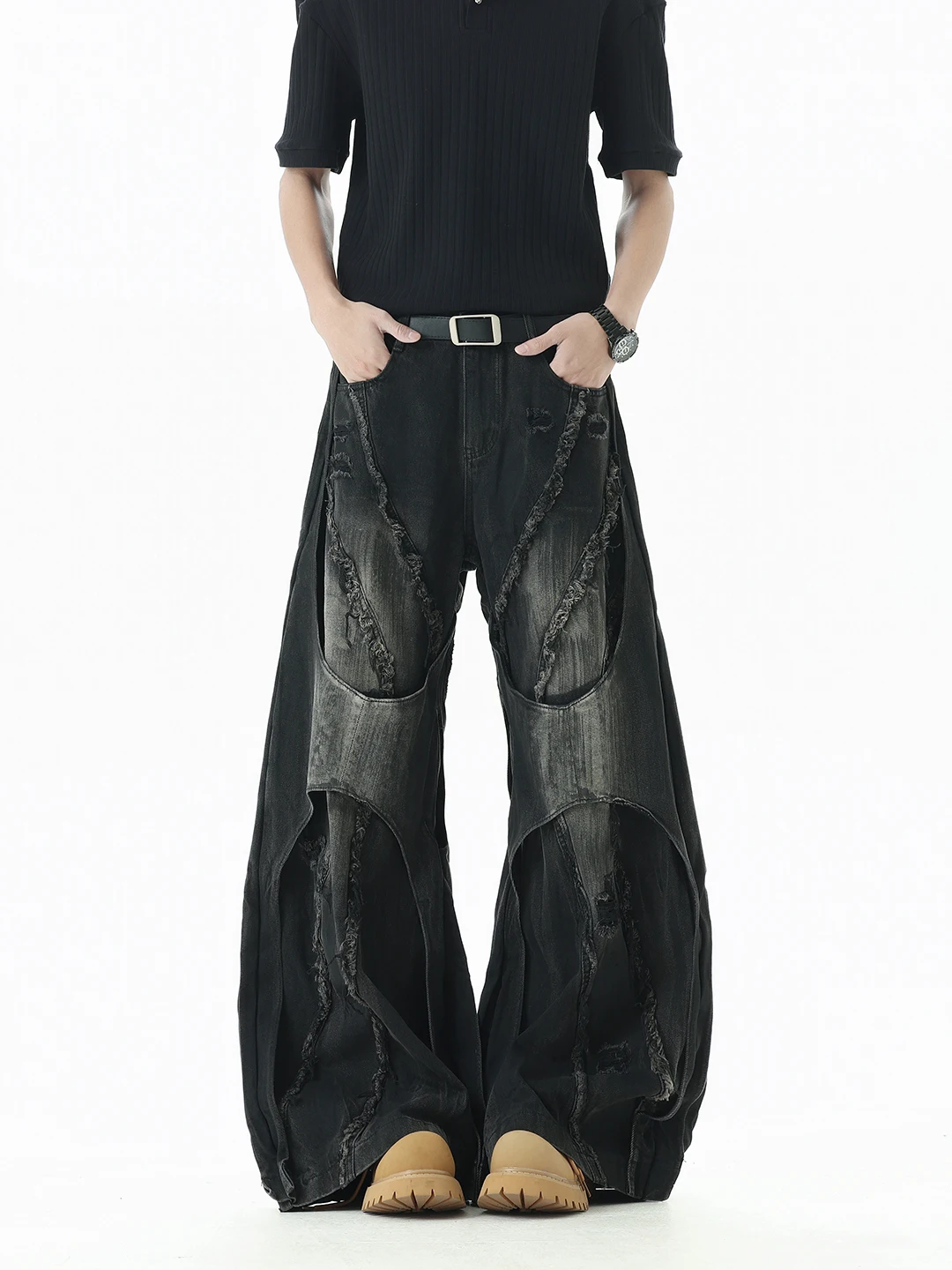 Ripped Denim Jeans Men's Autumn American High Street Heavy Industry Subculture Wide Leg Floor-Length Pants Patchwork Structur...