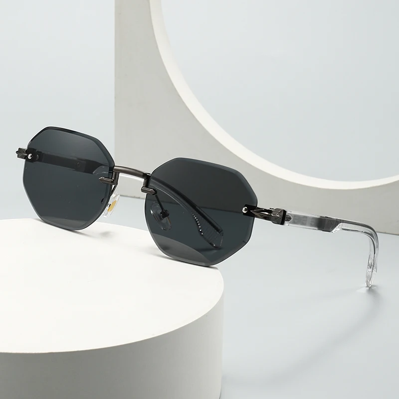 Frameless Octagonal Sunglasses, Unisex, Luxurious Metal Frame, Uv400 Protection, Polygonal Cut Lenses, Fashionable Outdoor Driving Sunglasses 26204