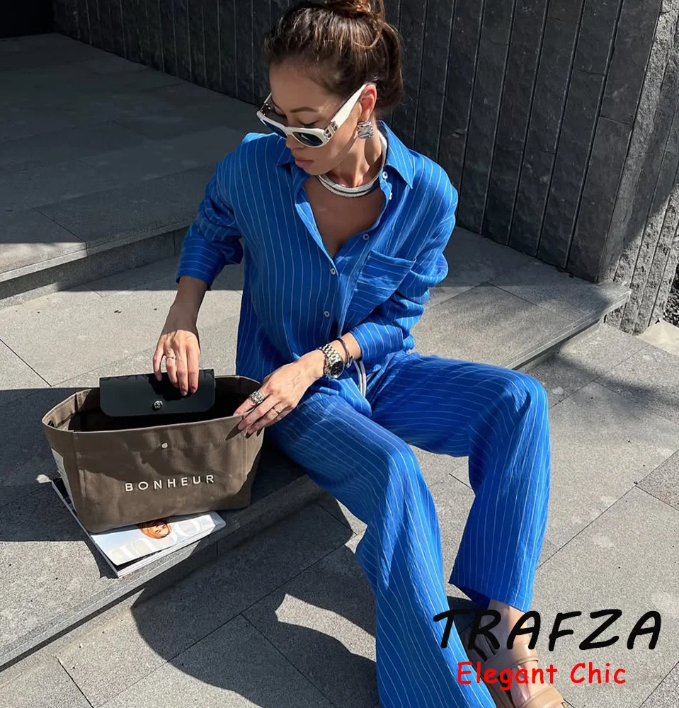 

TRAFZA Women Elegant Chic Striped Set Buttons Lapel Shirt OR Drawstring Pant 2025 Spring Summer Fashion High Street Holiday Set