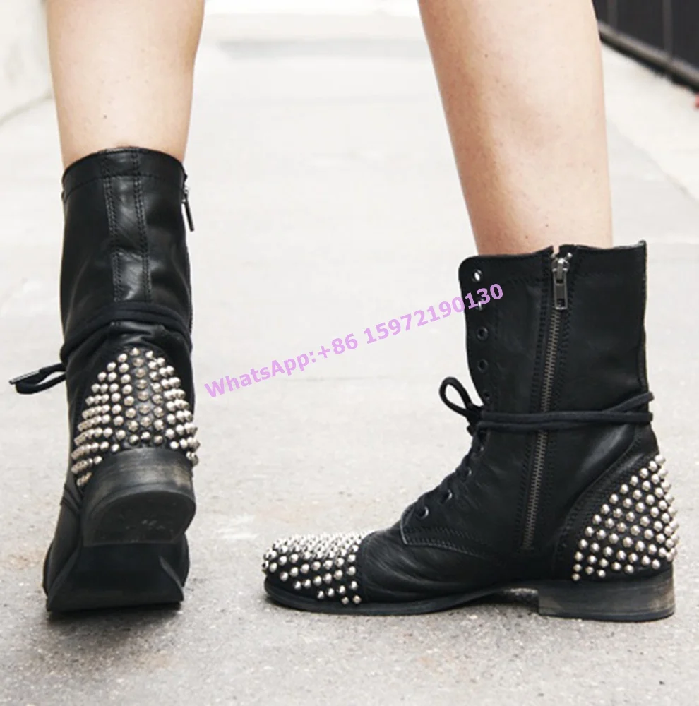 

Rivet Ankle Boots Side Zip Ankle Band Round Toe Square Heels Sewing Metal Rock Shoes Couples Fashion Cross Tied Chic Shoes 2025