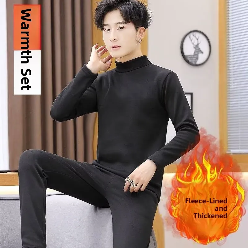 

Men's Thermal Underwear Set Thickened Fleece Half High Collar Winter Anti-cold Autumn Clothes Long Sleeve Pants for Young Men