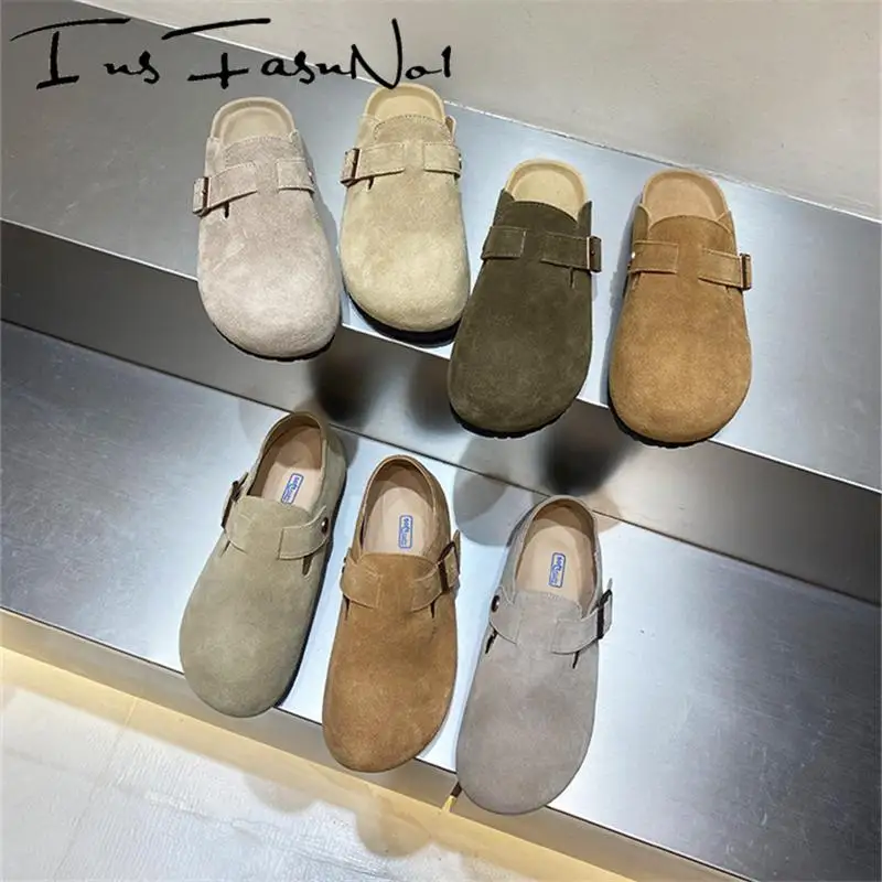 

Повседневные сабо, модные универсальные женские тапочки большого размера на плоском каблуке, роскошные женские туфли из натуральной кожи в стиле ретро с пряжкой на ремне