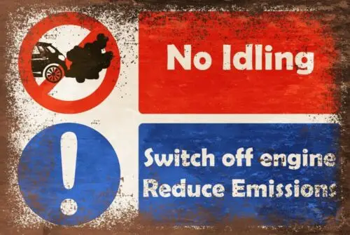 No Idling Reduce Emissions Warning Sign, Vintage Retro Style, office, car park sign