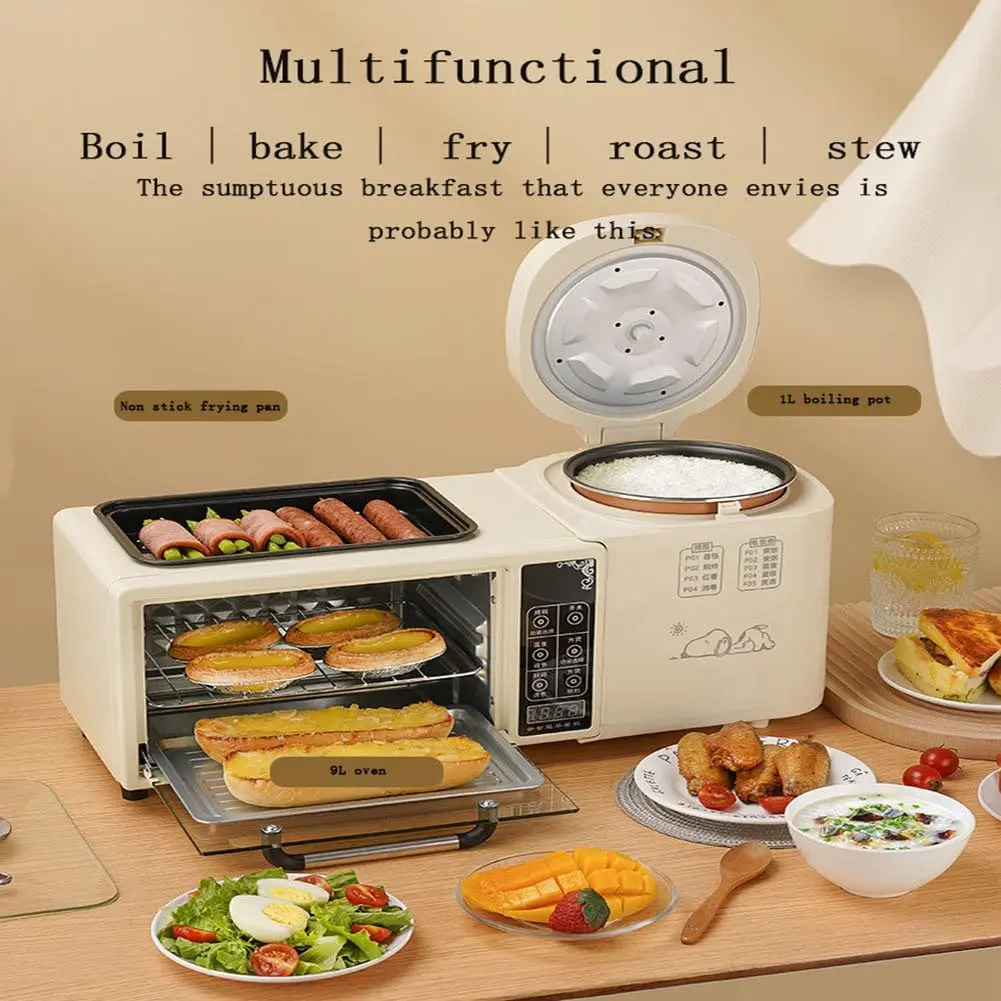 محطة الإفطار، ماكينة الإفطار متعددة الوظائف 4 في 1، مع وعاء طبخ سعة 1 لتر، مقلاة غير لاصقة، محمصة خبز كهربائية سعة 9 لتر للإفطار M