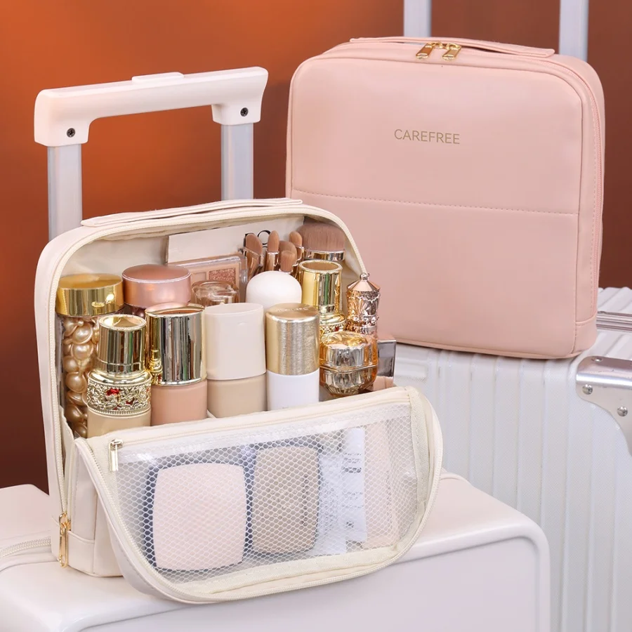 PU Standing Cosmetic Bag Portable Large Capacity Partitioned Makeup Organizer For Travel And Daily Use