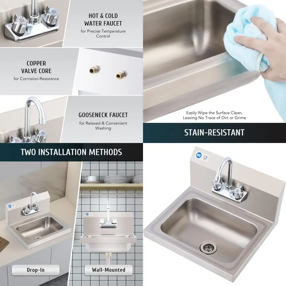 

Commercial Stainless Steel Utility Sink with Gooseneck Faucet, Wall Mount for Restaurant, Bar, RV, Bathroom, Laundry Room (17x15