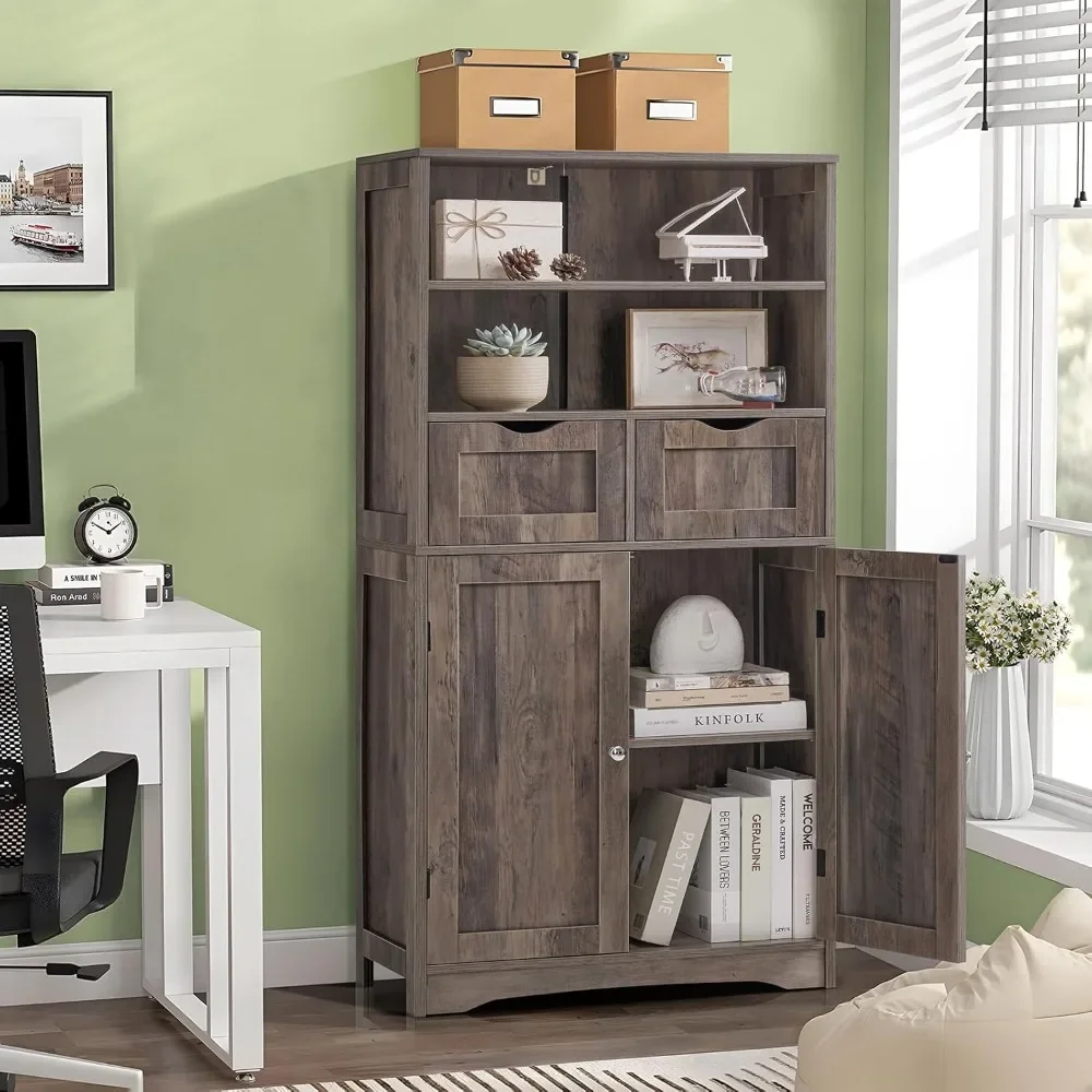 

Tall Storage Cabinet with 2 Drawers & Adjustable Shelf, Bathroom Cabinet with Doors, Kitchen Pantry Storage Cabinets