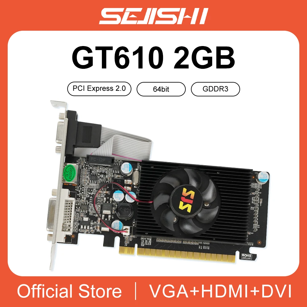 SJS Video Card GeForce GT610 Display Vga Cards 2GB DDR3 64Bit Graphics Cards For NVIDIA Game PC GT 610 2GD3 HDMI DVI VGA PCI-E2