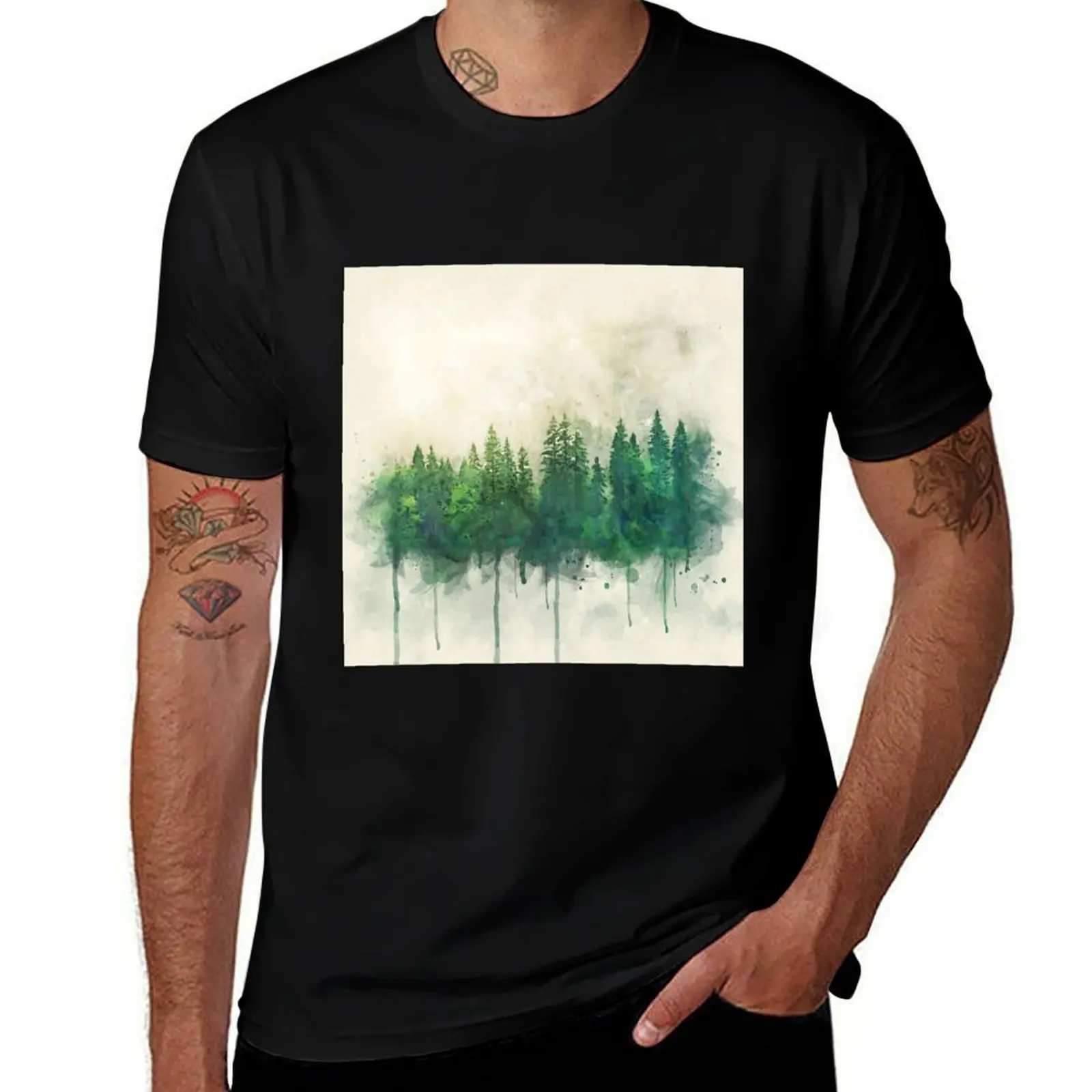 green forest watercolor painting T-Shirt boys whites quick-drying man clothes street wear mens t shirts casual stylish