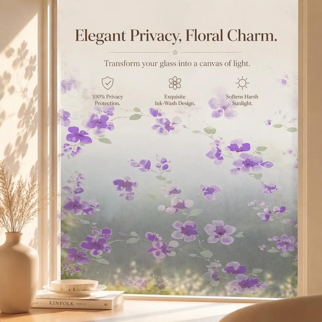 Floral Frosted Window Film Privacy Heat Insulation Anti-Splash Static Cling Decorative for Office Bathroom Home Glass