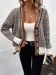 Plaid Pattern Button Knit Cardigan Vintage V Neck Long Sleeve Sweater  Women's Clothing