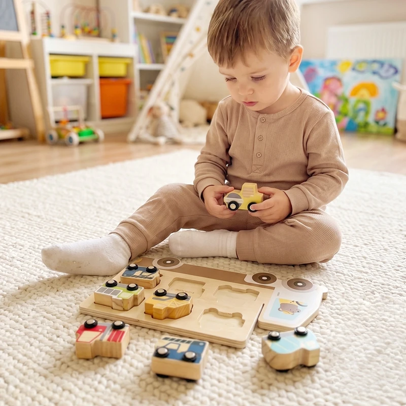 0-3 Jahre Auto-Spielzeug Holz-Baufahrzeug-Set Montessori Formen-Zuordnungspuzzle mit 6 Stück Baufahrzeuge Lernspielzeug – Detail 11