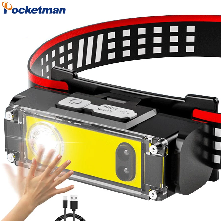 Rechargeable LED Headlamp with Motion Sensor Waterproof Headlight Lightweight Head Lamp for Camping Hiking Running Fishing