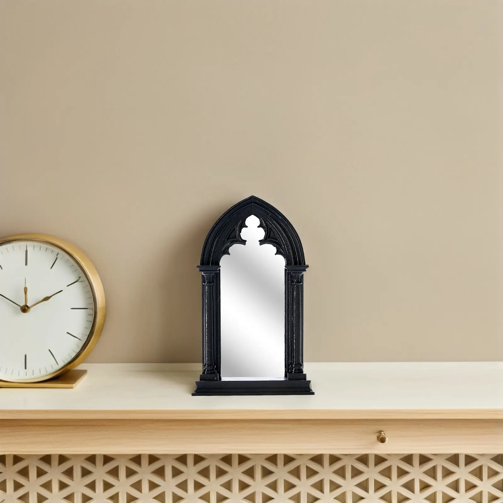 Faux Window Mirror Gothic Black Arched Frame 3D Medieval Cathedral Style Tabletop Shelf Wall Farmhouse Living Room