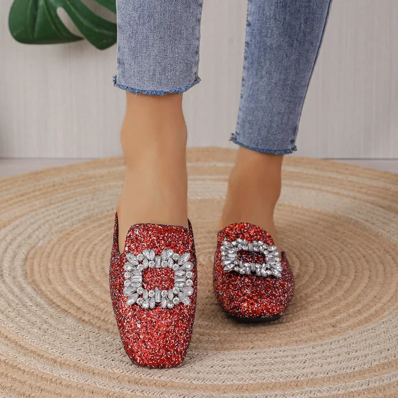 NEW 2024 Slippers Women's Summer Outwear Bow Knot Rhinestone Flat Bottom Slippers Lazy Muller Shoes  Women Shoes Fashion Casual