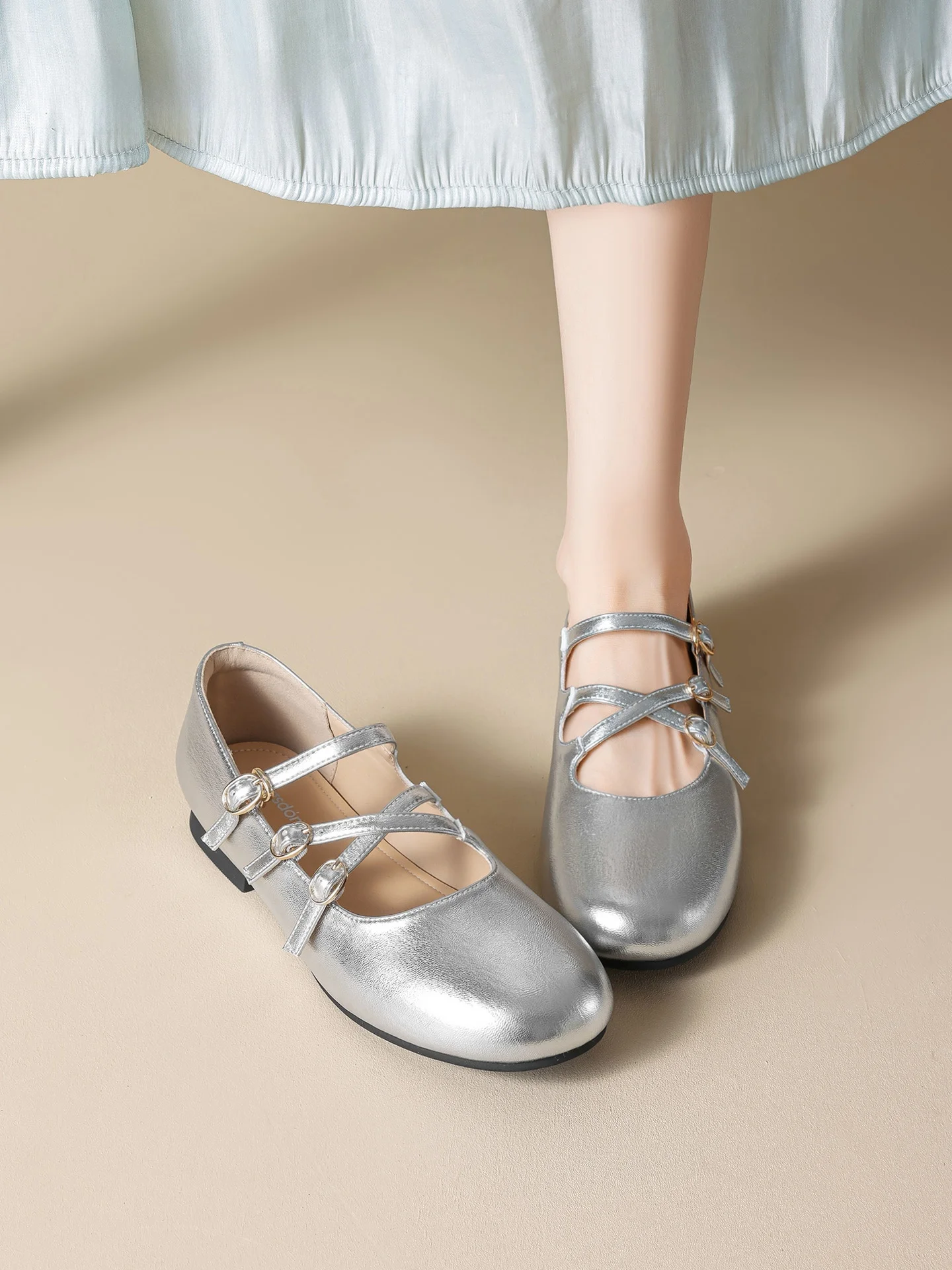 

Agsdon Ballet Mary Jane Women's Flats Silver Single Shoes Summer Versatile Slip-On round Toe Comfortable Fashion Sneakers