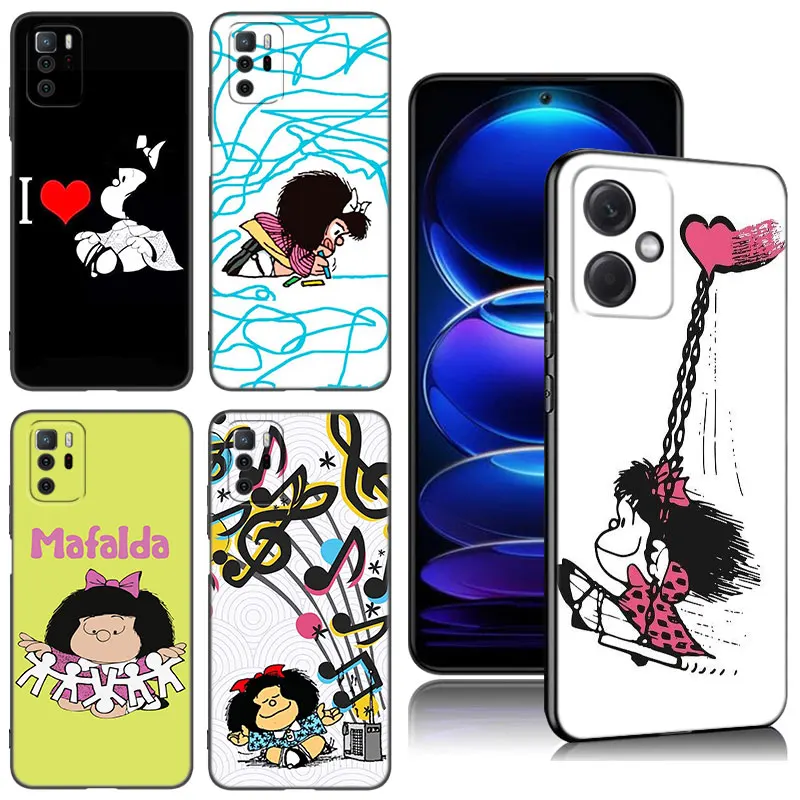 Mafalda Phone Case For Xiaomi Redmi Note 8 9 10 11 11E 11T 11S 12 Pro 4G Plus 5G 8T 9S 10S 12S Black Silicone Cover