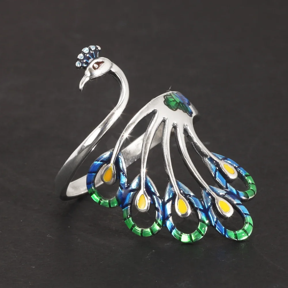 Colorful Enameling Peacock Ring Women\'s Real 925 Sterling Silver Jewelry Animal Bird Adjustable Opening Type Exaggerated