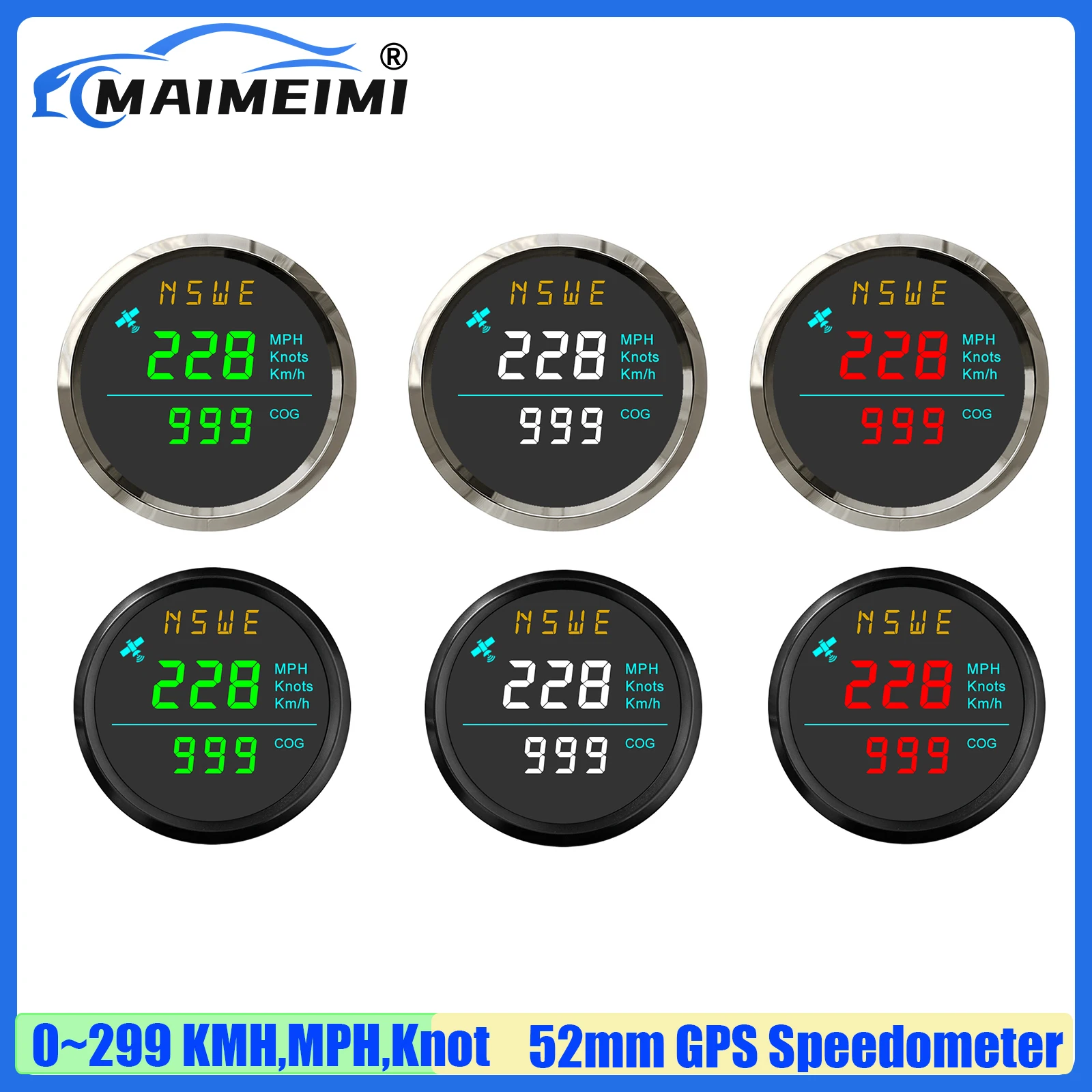 

MAIMEIMI 0-299KMH,MPH,Knots 52 мм GPS-спидометр с антенной COG Компас Пробег Красный, Белый, Зеленый светодиод для автомобиля, лодки, яхты