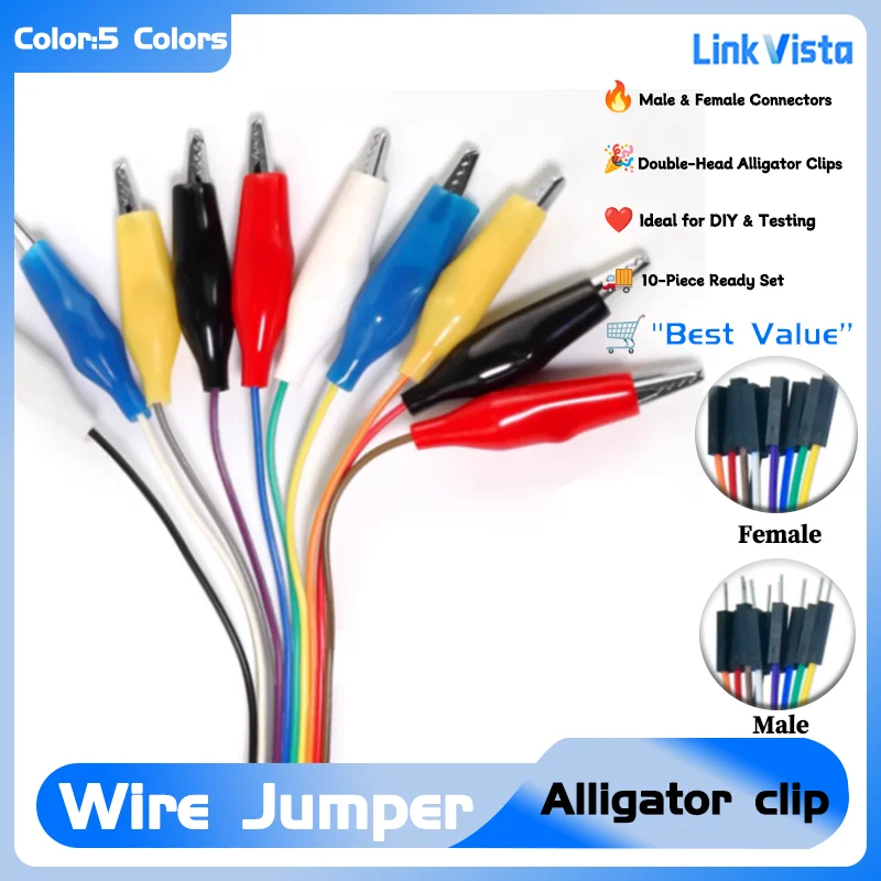 

10-Pack Alligator Clip Jumper Wires, 20cm and 30cm Test Leads with Male to Female Clips for Arduino Raspberry Pi DIY Projects