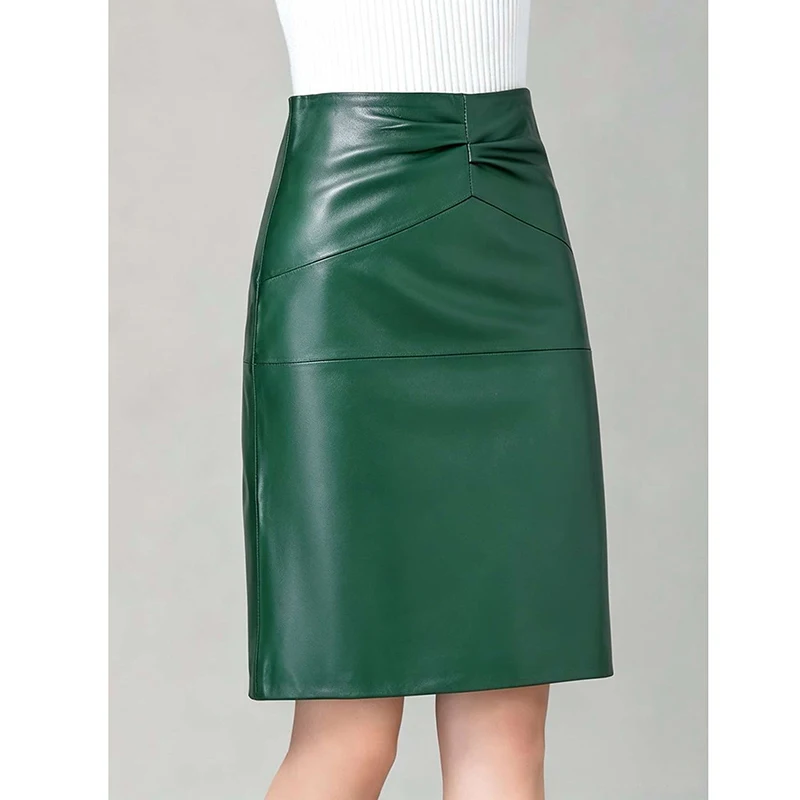 New Khaki Genuine Sheepskin Pencil Skirt Autumn Office Ladies High Waist Pleated Midi Skirt Back Split Slim Wrap Leather Skirts