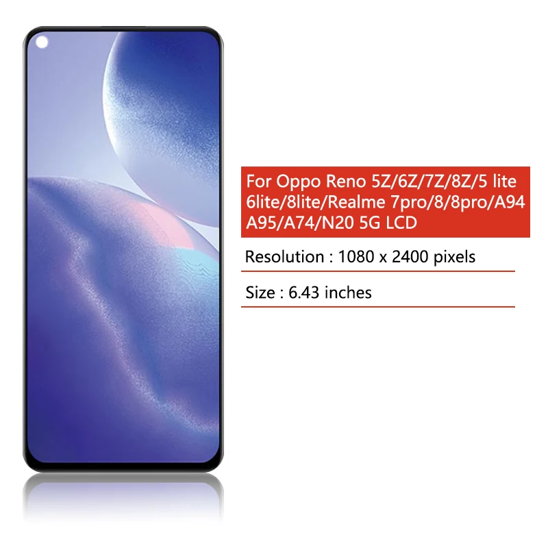 A94 A95 A74 Display For Oppo Reno 5Z 6Z 7Z 8Z 5lite 6lite 8lite LCD Touch Screen For Realme 7Pro 8Pro LCD 1+N20 5G Screen