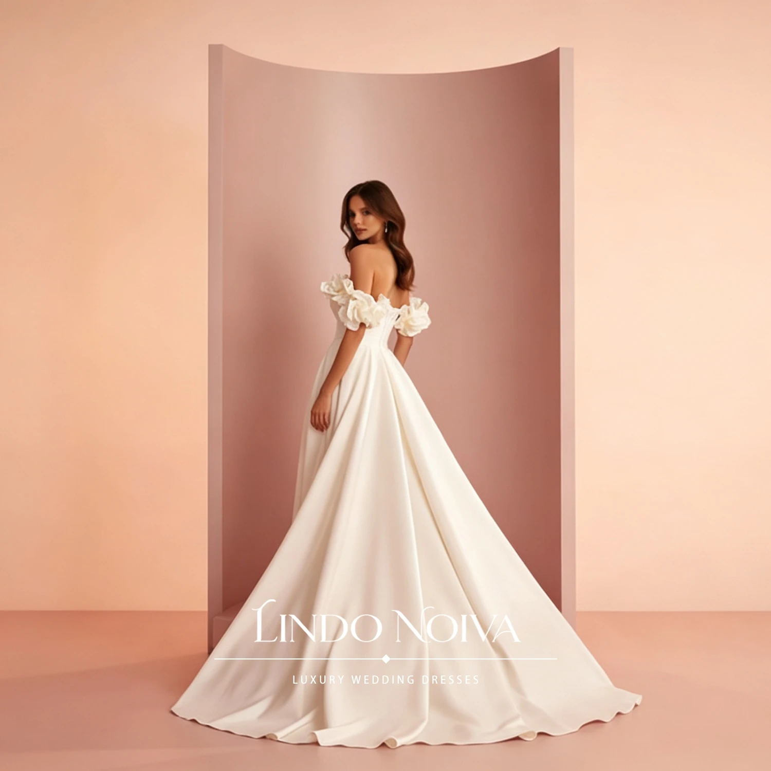 LINDO NOIVA Customized Luxury A Line Satin Wedding Dress Off Shoulder Bridal Gown 3D Floral Ruffle Sleeves Vestido De Novia
