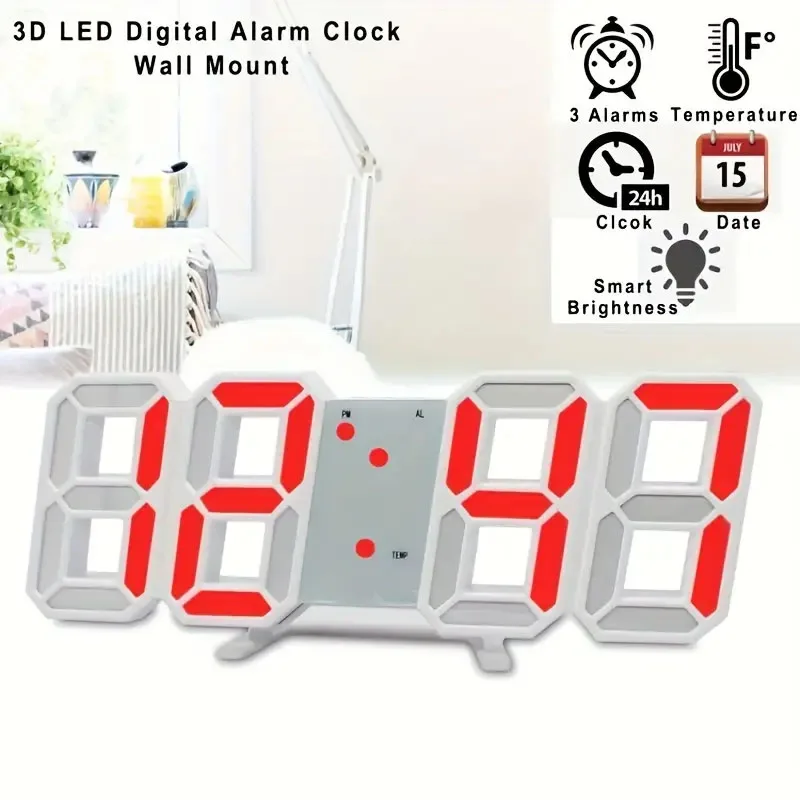 3D LED Digital Clock wall deco Glowing Night Mode Adjustable Electronic Table Clock Digital Wall Clock Decoration Living Room