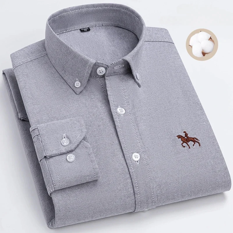 S~7XL 100% Pure Cotton Men\'s Long Sleeve Oxford Spinning Shirt Business Leisure Embroidery Pocket Slim Fit Button Style Soft Med