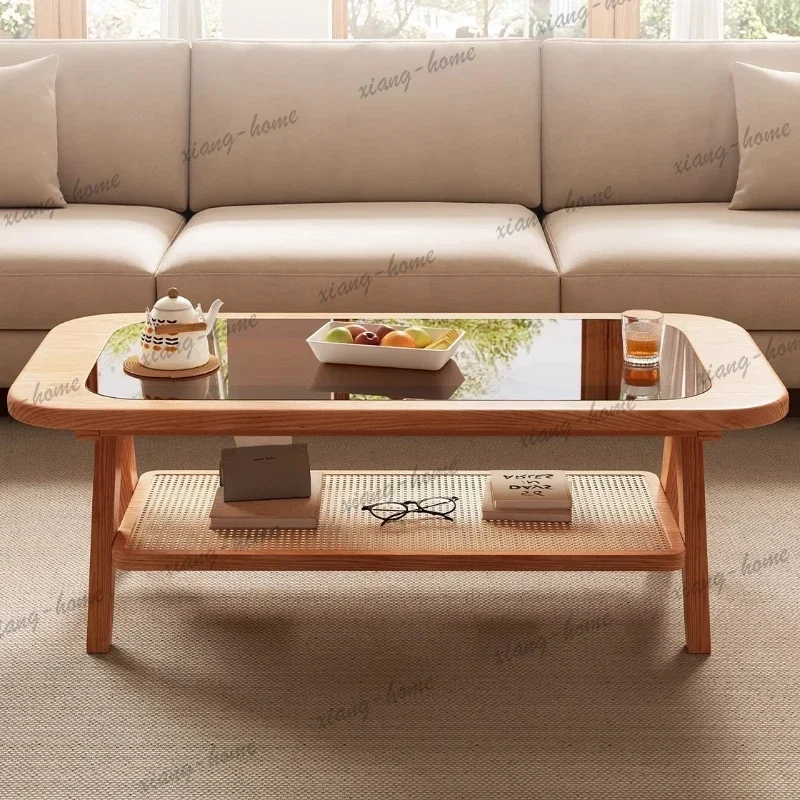 LJY Rattan Weaving Coffee Tables Wooden Minimalist Modern Villa Coffee Tables Living Room Floor Home Furniture Couchtisch Ls50cj