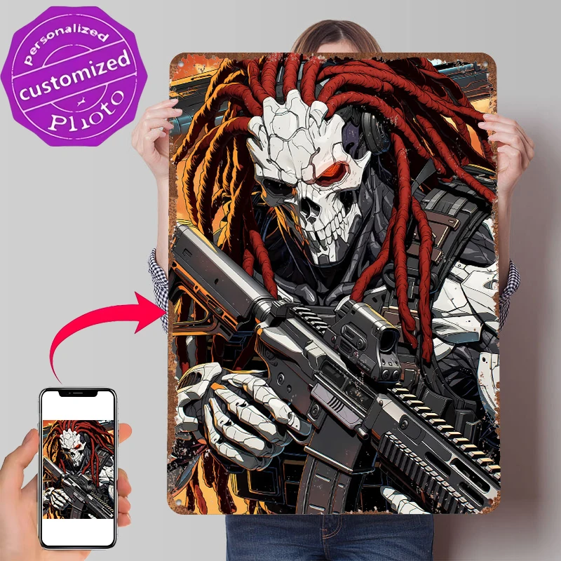 Sunset Enforcer Totenkopf-Poster, individuell gestaltete Wandkunst, Retro-Vintage-Metallblechschilder für Schreibtischdekoration, Raumdekoration, Ästhetik