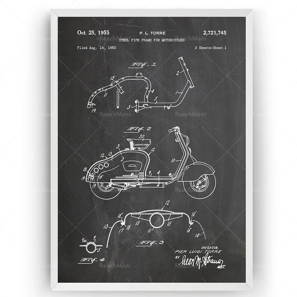 1955 Scooter Patent Art Poster - A retro blueprint-style customized gift for scooter enthusiasts.