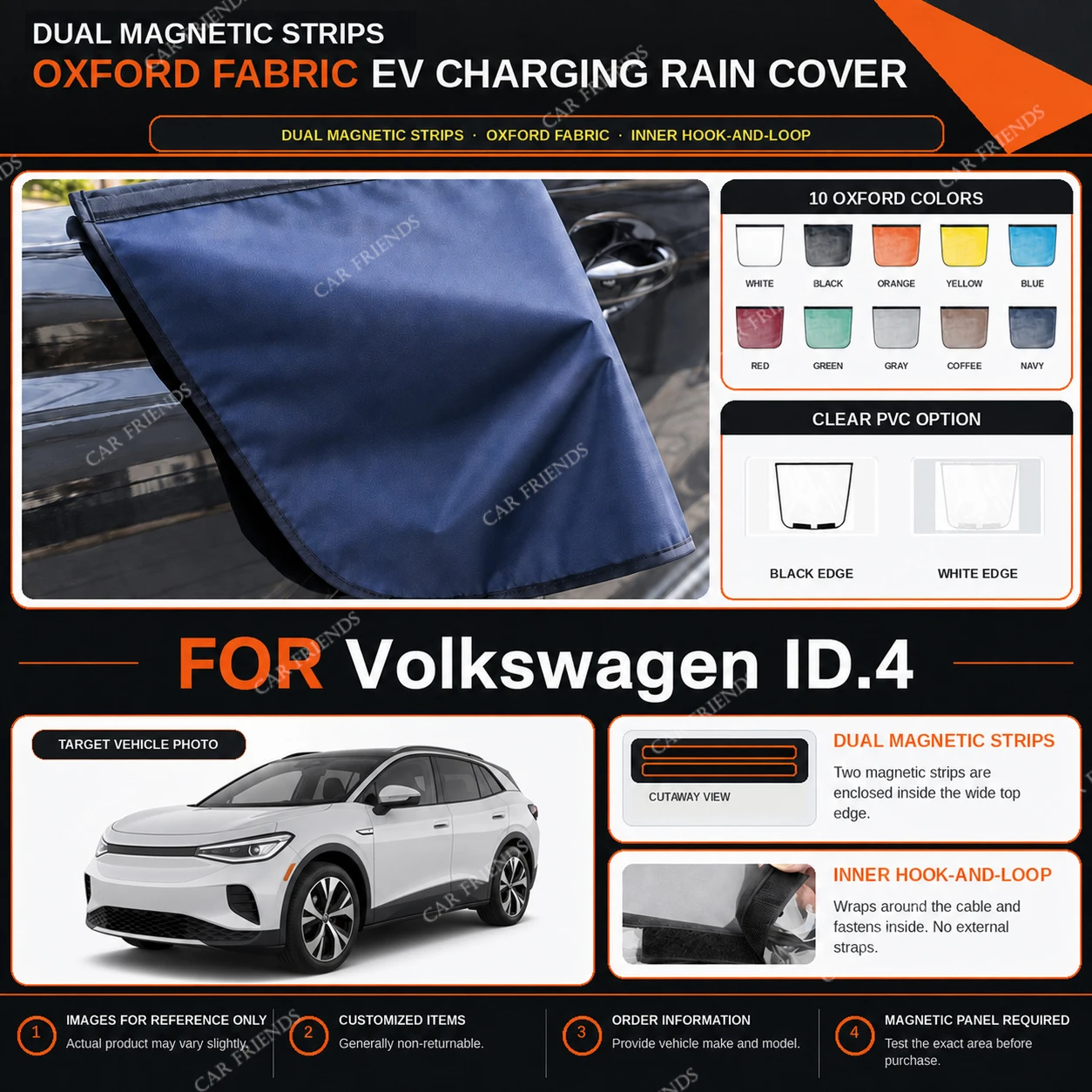 For Volkswagen ID.4 Custom Fit Full Car Cover Silver Coated Oxford Fabric Side Zipper Access UV Sun Dust Protection