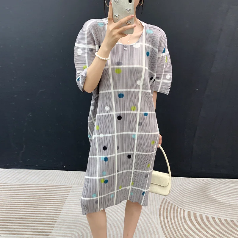 Miyake Premium Grey Polka Dot Plaid Pleated Mini Dress Batwing Sleeve Asymmetrical Hem Daily Commute Stylish Looks