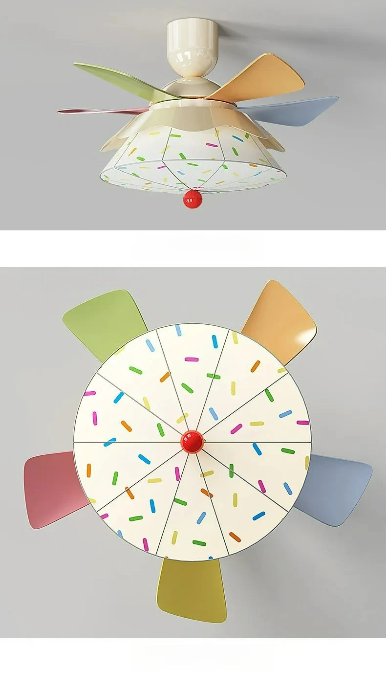 Factory Direct 2026 Children's room bedroom ceiling fan light Memphis Macaron color dopamine straight leaf large wind silent