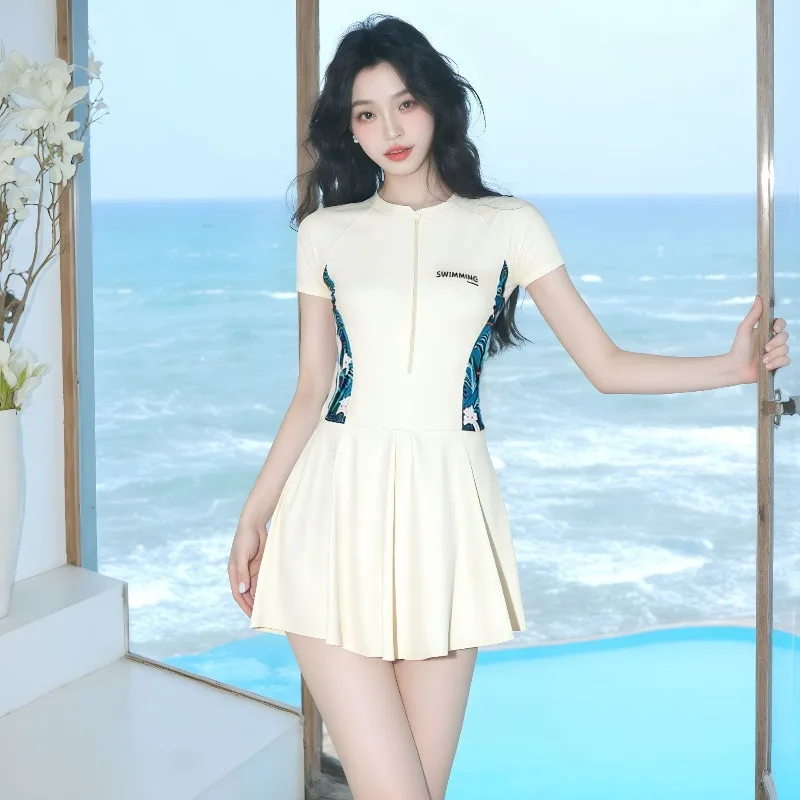 Women Piece Skirt Swimsuit Short Sleeve Front Zipper Patchwork Swim Dress Conservative Modest Bathing Suit Beach Surf Swimwear