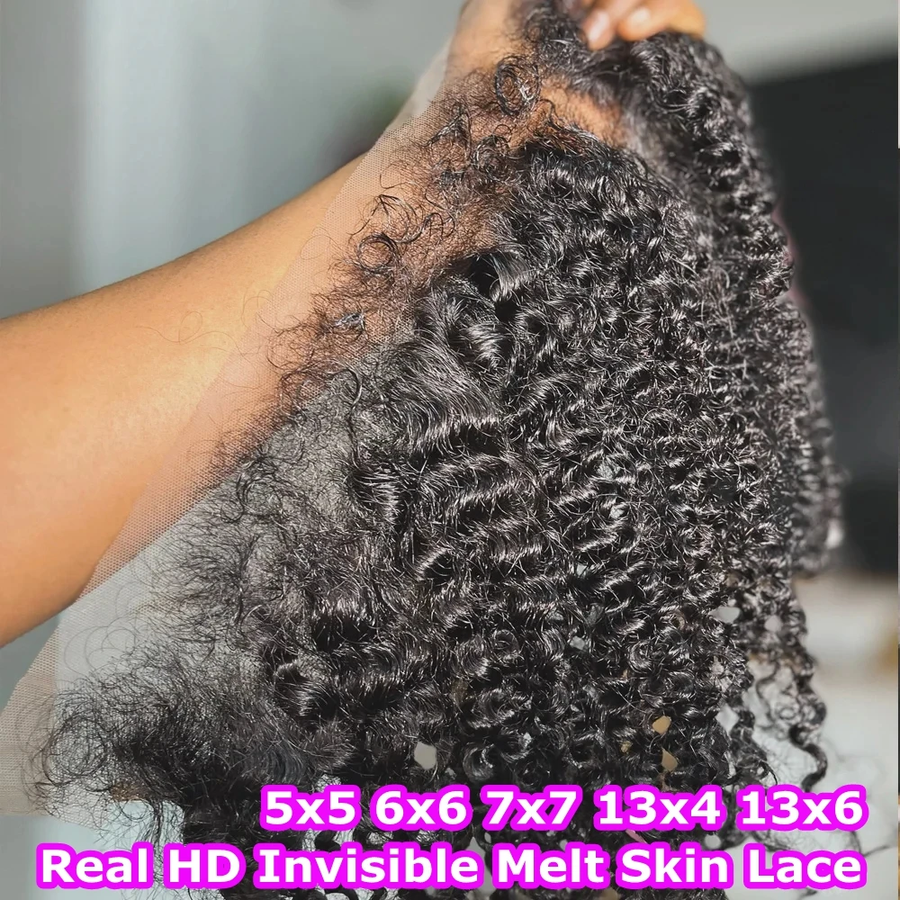 Cheveux humains afro bouclés profonds avec fermeture à lacet, délié naturel pré-plumé, bords 4C, invisible, HD, 13x6, 5x5