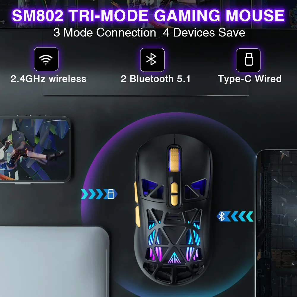 Tri-mode Game Mouse RGB Lighting Macro Programming Removable Back Cover Rechargeable Light Weight Design Play Gaming Mause