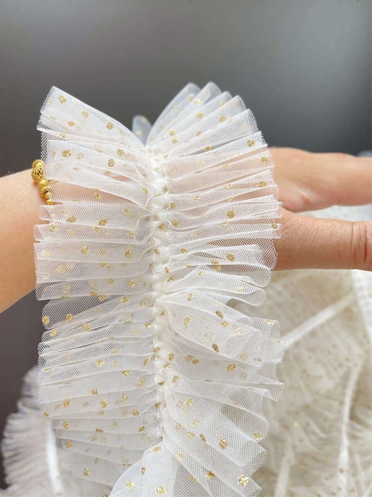 2meter/lot 9cm wide Middle Pleated Elastic White Tulle Gold Polka Dot Super Beautiful Mesh Ruffle Lace Accessories Sc532