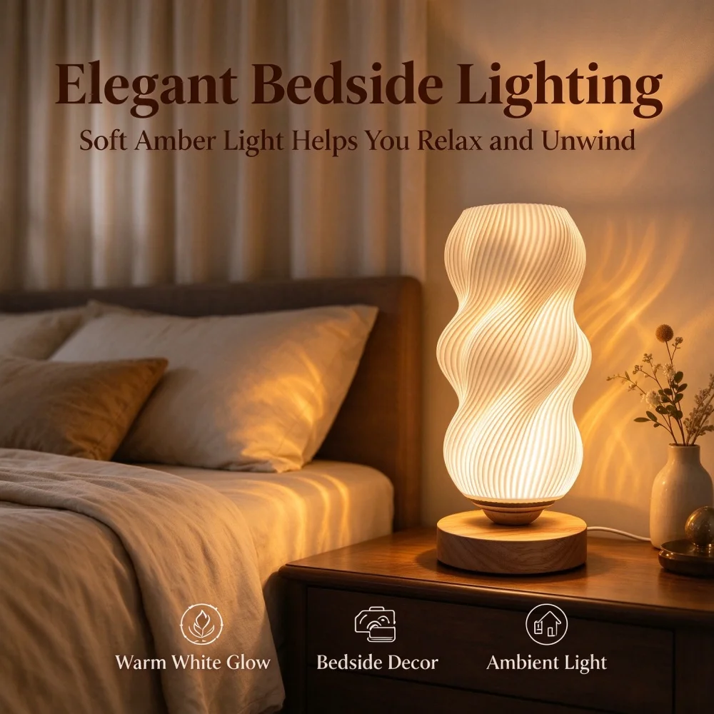 3D Printed Wave Texture Night Lamp Soft Adjustable Lighting with 3 Color Modes USB Powered Bedroom Decorative Lamp for Reading R view 3