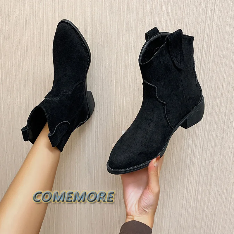 Autumn Winter Casual Western Cowboy Ankle Boots Women Leather Cowgirl Short Cossacks Pointed Thick High Heel Shoes Large Size 43