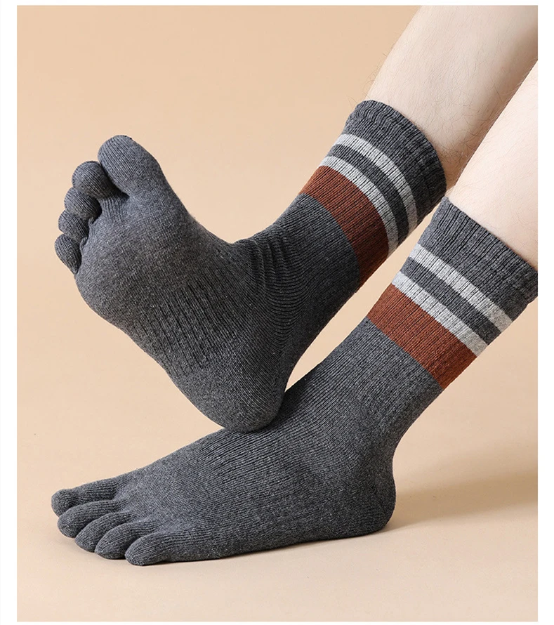 5 Paar Frottee-Zehensocken für Herren, Baumwolle, gestreift, dick, weich, elastisch, schweißabsorbierend, warm halten, Partykleid, lange 5-Finger-Happy-Socken – Detail 16